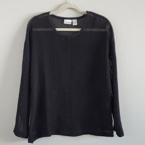 Chico's Black Mesh Open Knit Cotton Top Sweater Cover Up Fishnet Sz L Grunge